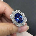 Silver Tone Oval Blue Floral Halo Cocktail Ring Sizes 6-10 view 2