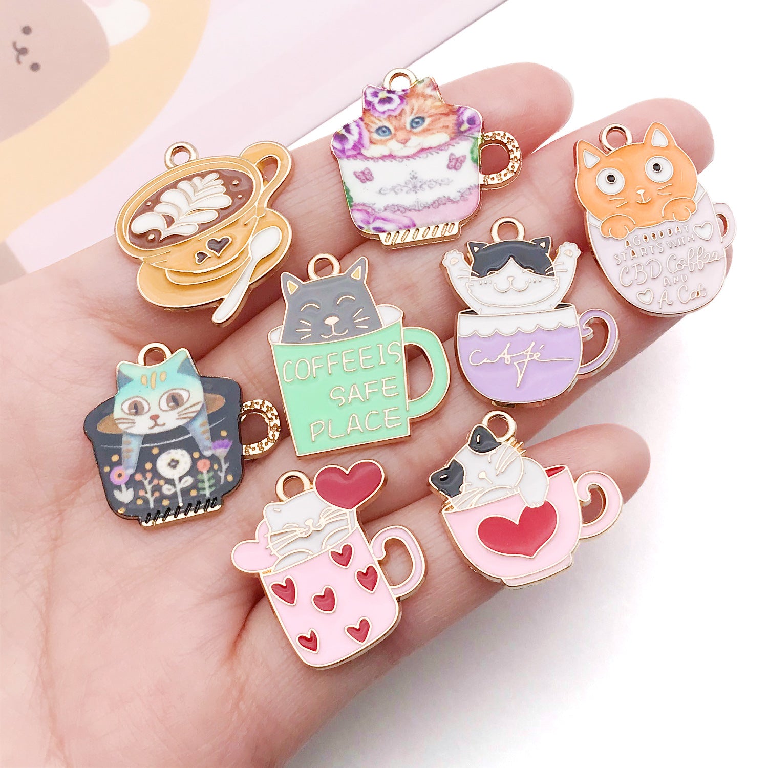 Enamel Zinc Alloy Coffee Cup Cat Milk Tea Cup Charm Pendant for Earrings DIY