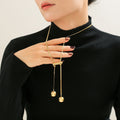 Gold Snake Chain Lariat Necklace Dual Ball Drop Bar view 4
