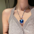 Blue Heart Crystal Pendant Silver Rhinestone Chain Necklace view 1