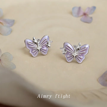 Lavender Enamel Butterfly Stud Earrings Silver Tone Frame