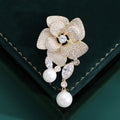 Layered Crystal Camellia Brooch with Faux Pearl Drops view 2