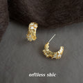 Gold Textured Half Hoop Earrings Clear Crystal Cluster Accents view 4