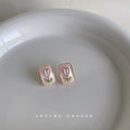 Pink Rectangle Enamel Tulip Stud Earrings Gold Rim view 4