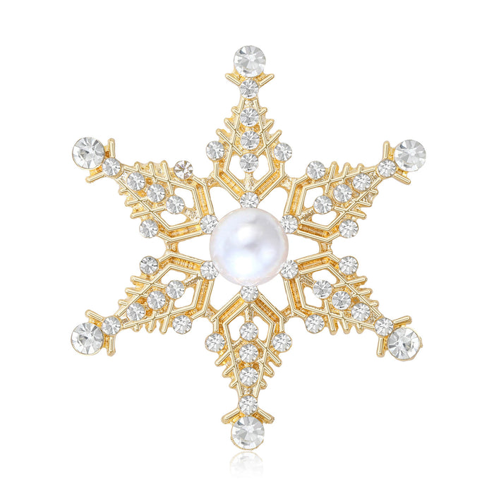 Crystal Snowflake Brooch with Pearl Center in Two Tones