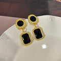 Black Rectangle Textured Gold Border Dangle Earrings view 6