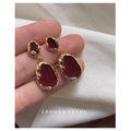 Wine Red Enamel Irregular Drop Earrings Gold Tone Pair view 3