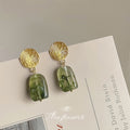 Gold Fingerprint Disc Studs Green Marbled Resin Drops view 4