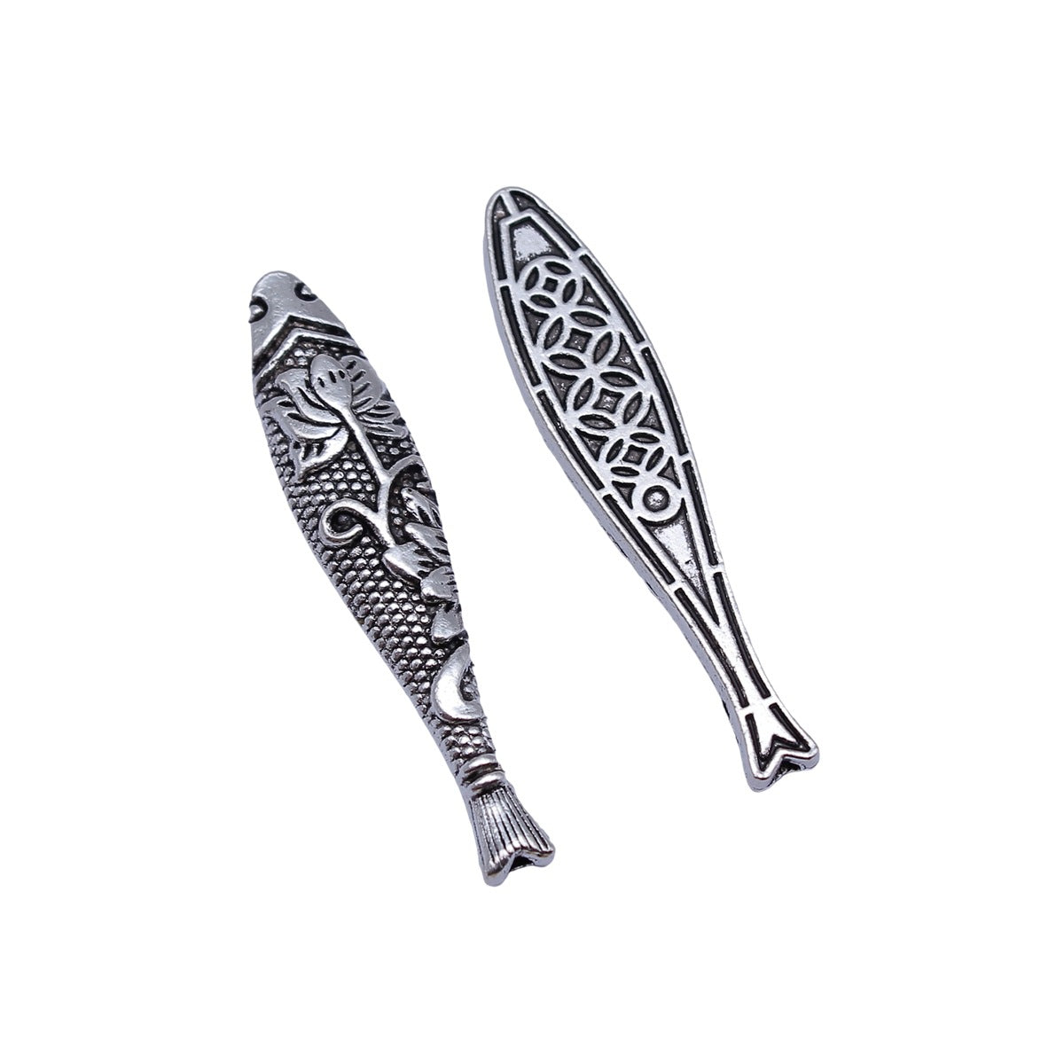 43x9.3x4.8mm 5g Antique Silver Zinc Alloy Patterned Fish Small Hole Spacer Beads for Necklace Making