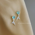 Silver Tone Aqua Round Stone And Mermaid Tail Stud Earrings view 3
