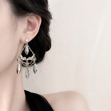 Silver Tone Clear Teardrop Scroll Chandelier Earrings
