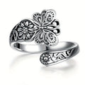 Butterfly And Floral Adjustable Open Ring Antiqued Silver Tone view 1