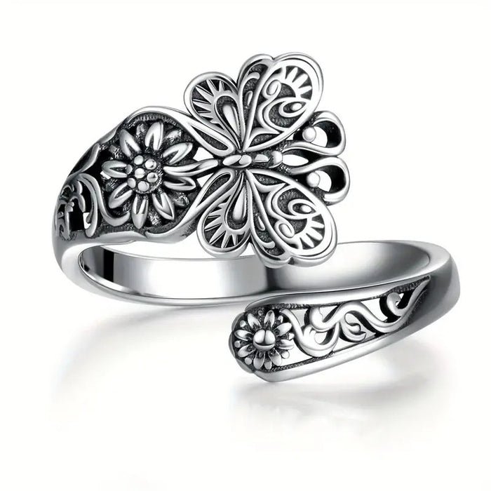 Butterfly And Floral Adjustable Open Ring Antiqued Silver Tone