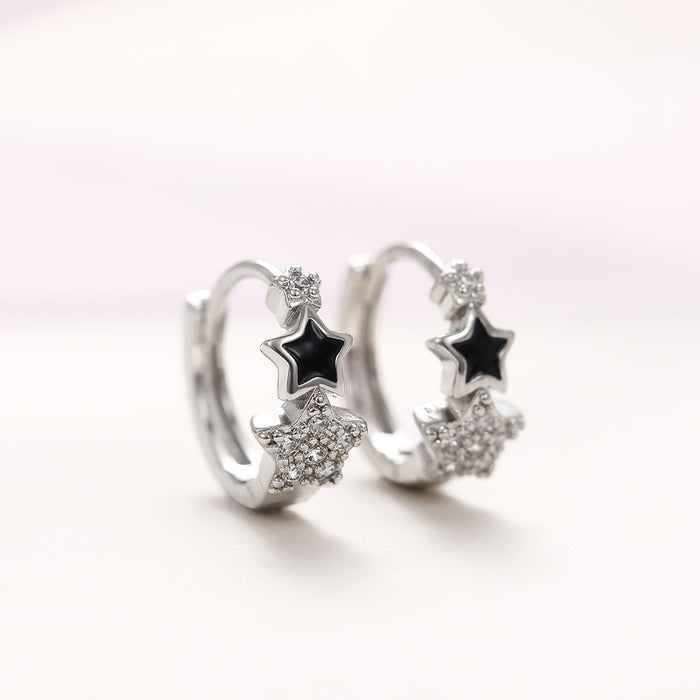 Silver Black Star Clear Pavé Star Huggie Earrings Pair