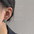 Gold Tone Aqua Blue Triple Stone Cluster Stud Earrings For Women view 2