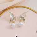 White Butterfly Pearl Look Gold Tone Dangle Stud Earrings view 3