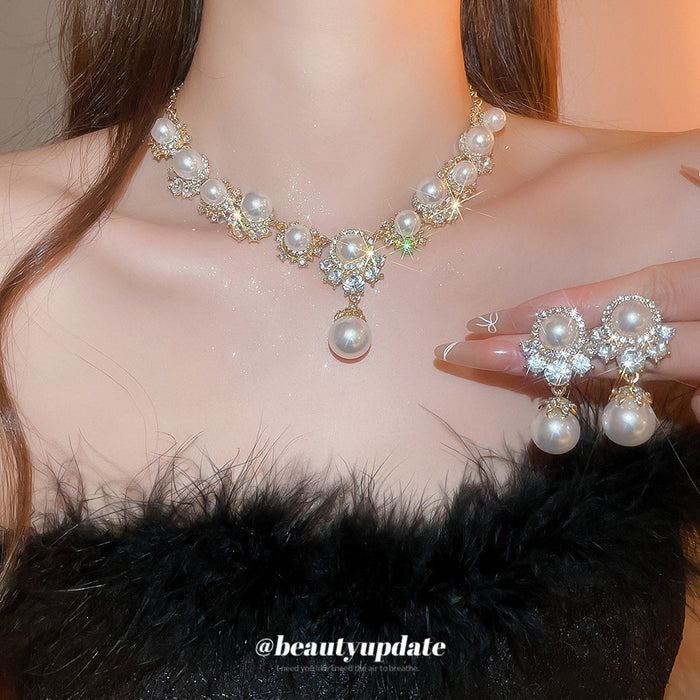 Gold Pearl Rhinestone Drop Necklace Earrings 2 Styles