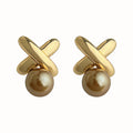 Gold Silver Metal X Knot Glass Pearl Stud Earrings view 5