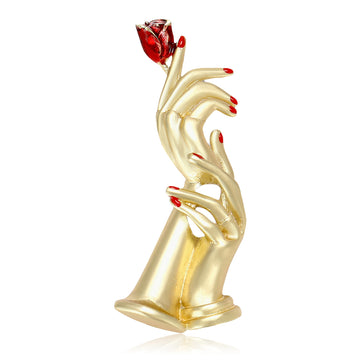 Gold Silver Tone Hand Holding Red Rose Enamel Brooch
