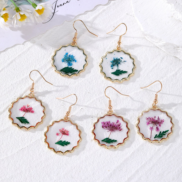 Gold Scalloped Frame Dried Flower Resin Drop Earrings Three Colors