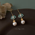 Gold Turquoise Enamel Ruyi Motif Pearl Drop Earrings view 4