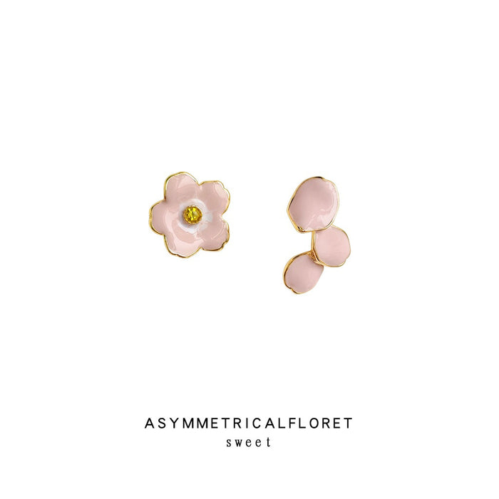 Asymmetrical Pink Enamel Cherry Blossom Flower Stud Earrings