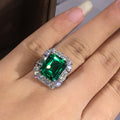 Emerald Green Rectangular Double-Halo Ring In Silver Tone view 3