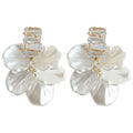 Gold Tone Clear Stone Bar And Translucent White Petal Stud Earrings view 5
