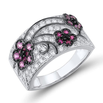 Silver Tone Pink Floral Filigree Wide Band Statement Ring