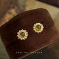 Gold Sunflower Stud Earrings Olive Green Center Crystal view 1