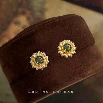 Gold Sunflower Stud Earrings Olive Green Center Crystal