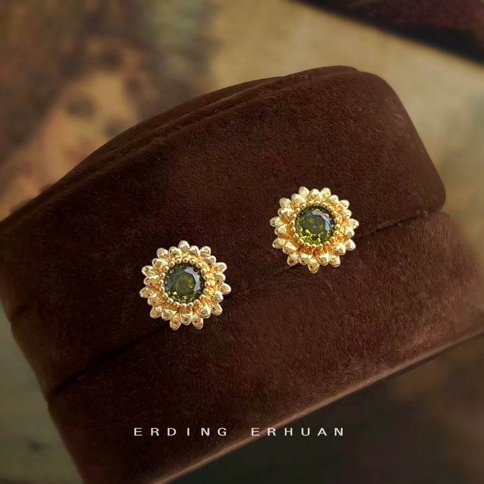 Gold Sunflower Stud Earrings Olive Green Center Crystal