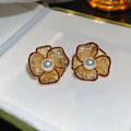 Pearl Center Gold Tone Floral Stud Earrings Jewelry Accessory view 8
