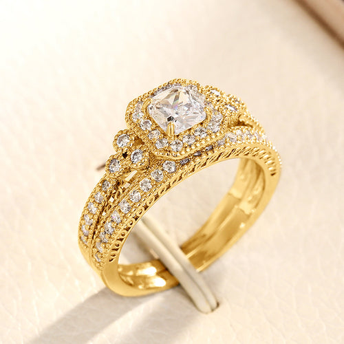 Gold-tone ornate square halo ring set