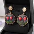 Gold Tone Round Raised Tulip Pressed Flower Resin Drop Earrings view 4