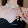 Multi Strand Pearl Rose Necklace Drop Earrings Two Styles view 1