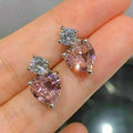 Silver Tone Pink Heart Clear Round Drop Stud Earrings view 1