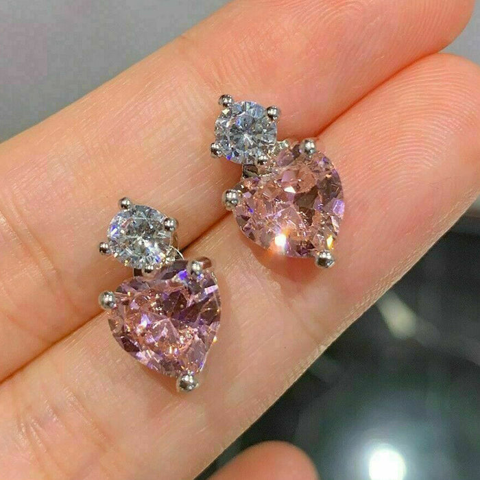 Silver Tone Pink Heart Clear Round Drop Stud Earrings
