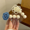 Pearl Fabric Rose Multi Prong Hair Comb Pins Blue White view 3