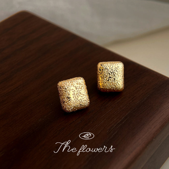 Gold Square Textured Sandblast Geometric Stud Earrings