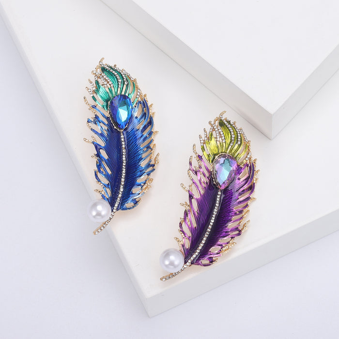 Colorful Crystal Feather Brooch with Pearl Accent Decorative Clothing Pin