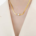 Gold Herringbone Necklace Bracelet Oval Glass Zircon Center view 12
