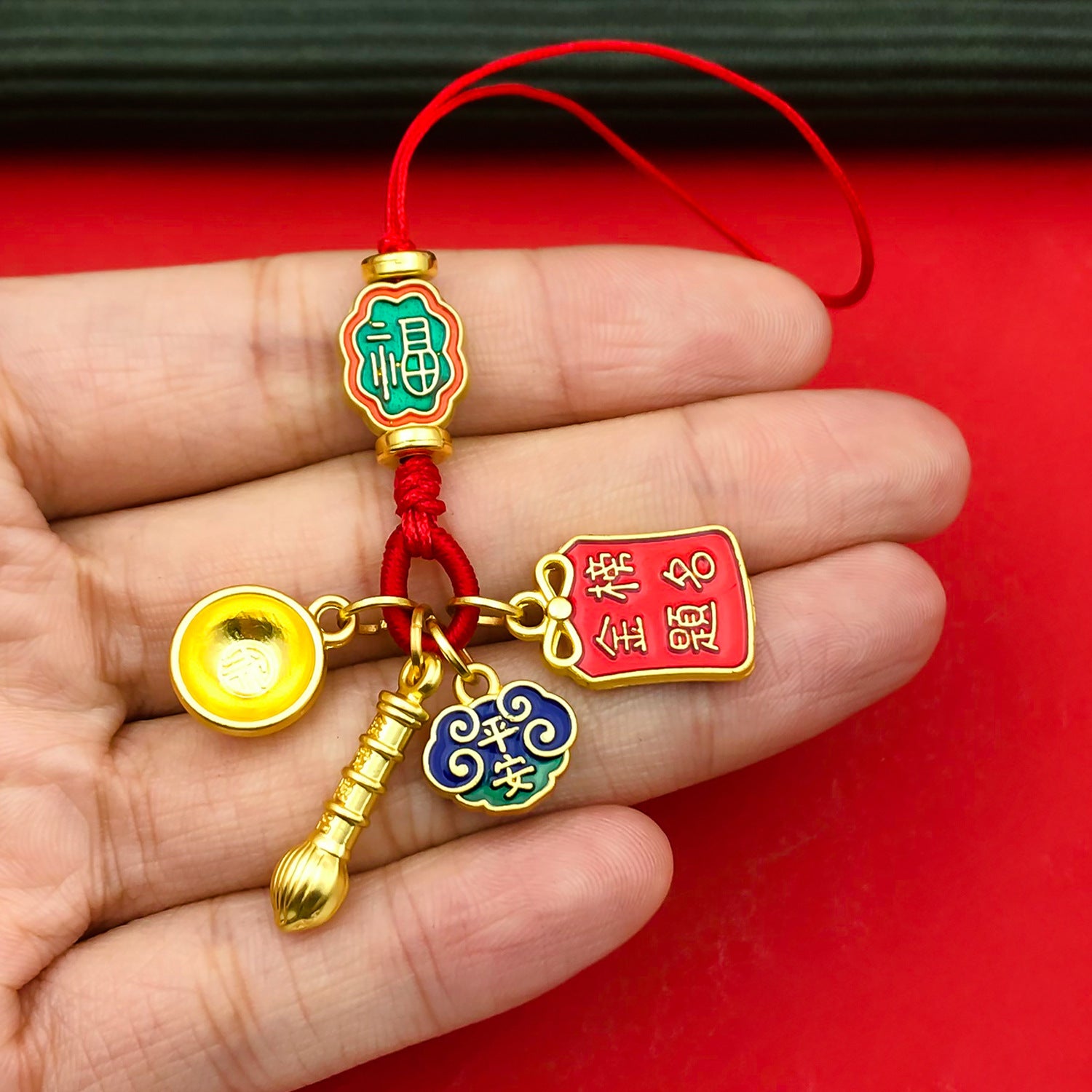 Antique Zinc Alloy Wenchang Pen Red Rope Charm Pendant for Keychain Phone Decor