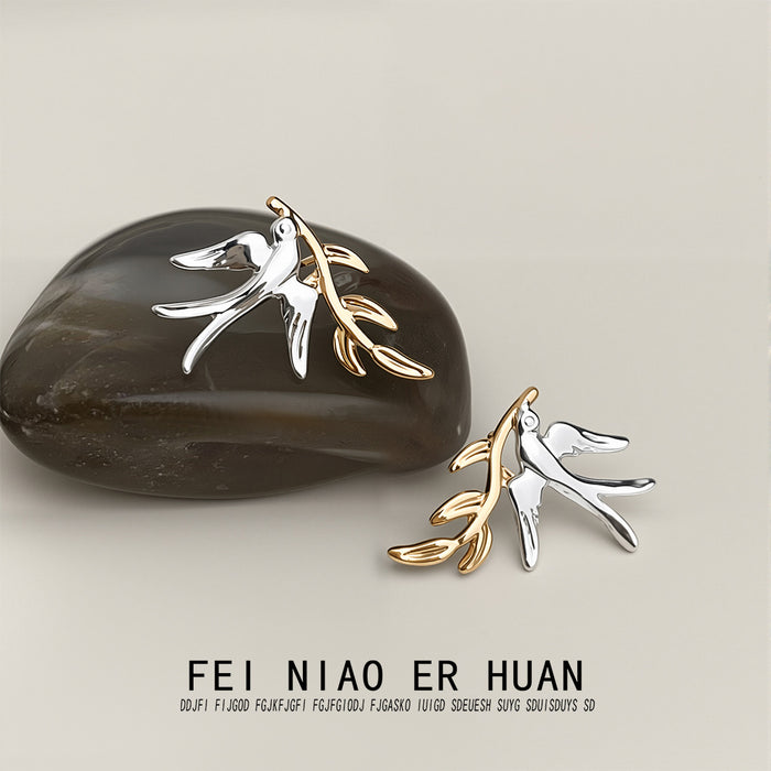 Two Tone Silver Swallow And Gold Branch Stud Earrings