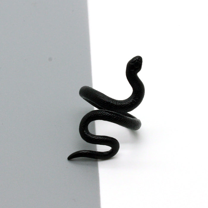 Matte Black Coiled Snake Adjustable Open Ring with Textured Surface