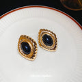 Gold Tone Oval Textured Stud Earrings with Black Centers view 4
