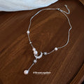 Silver Tone Moon Star and Pearl Drop Pendant Necklace view 2
