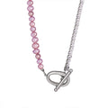 Steel Pink Pearl Clear Zircon Tennis OT Clasp Necklace view 5