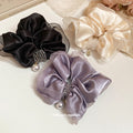 Black Satin Sheer Edge Scrunchie With Pearl Like Drop view 2