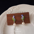 Gold Tone Purple Tulip Green Leaf Pearl Drop Stud Earrings view 4